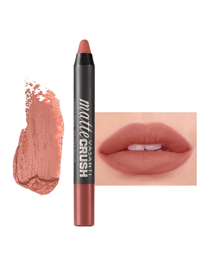 VASANTI Matte Crush Lipstick Pencil – Peachy Keen Natural Peach – Soft, Velvety Matte Finish, Waterproof, Smooth Application – Natural, Vegan, Paraben-Free Lip Color