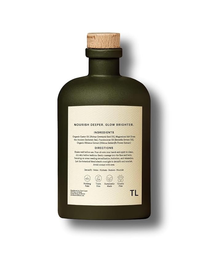 Third Layer Night Oil – 100% Organic Cold-Pressed, Hexane-Free, Extra Virgin Castor Oil with Magnesium & Frankincense, Body Serum for Skin Hydration & Evening Self-Care (14 fl oz)