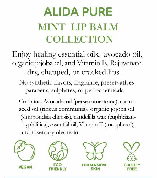 ALIDA PURE Mint Lip Balm Collection, Vegan Set, Beeswax Free, with Organic Jojoba and Avocado Oil, Vitamin E, Natural Moisturizer for Dry, Chapped Lips, 3 Tube Set