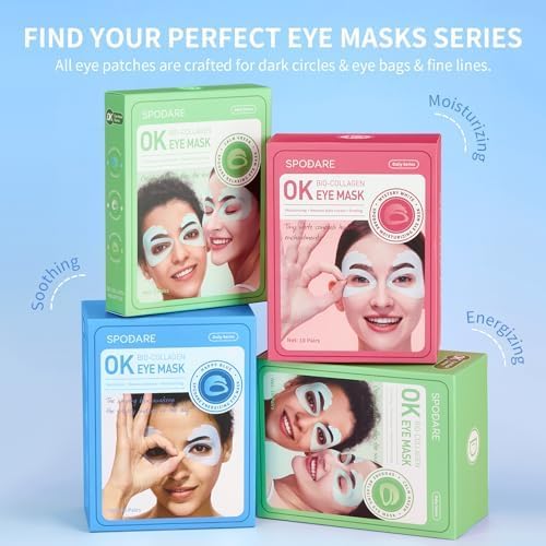 SPODARE OK Shape Eye Masks, 360° Fit Under Eye Patches with Retinol and Collagen, Firming & Hydrating Eye Mask for Wrinkles and Puffy Eyes, Self Care Gifts for Women - 18 Pairs, Happy Blue