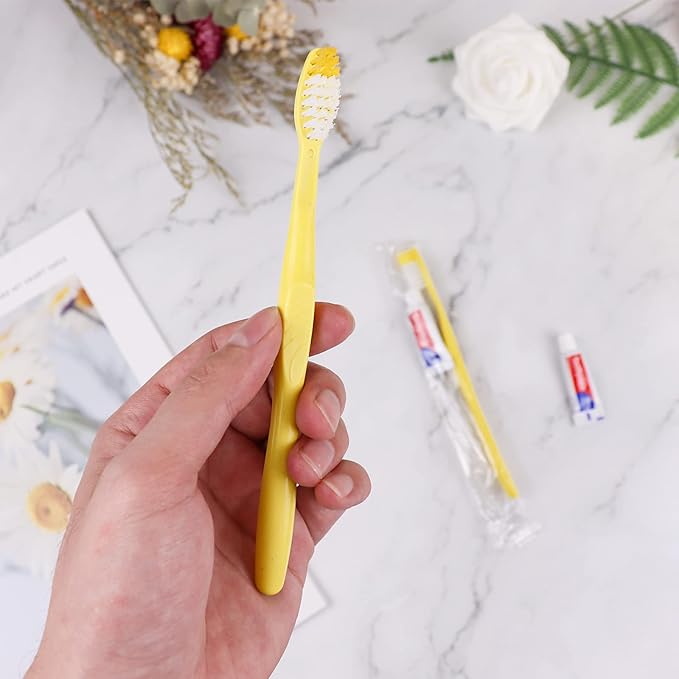 Disposable Toothbrushes with Toothpaste,300 Pack Yellow Hollow Individually Wrapped Disposable Travel Toothbrushes Kit in Bulk for Homeless,Nursing Home,Hotel,Charity