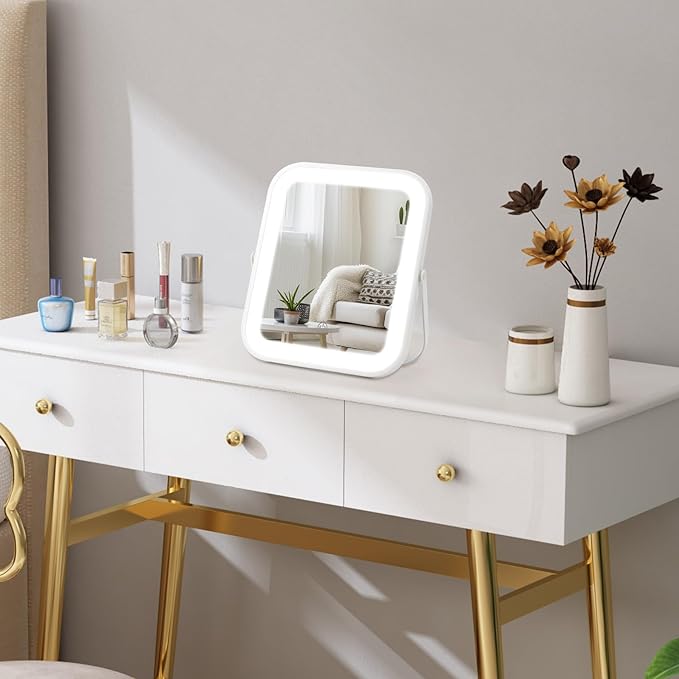 Vanity Mirror with Lights, 10"×8" Makeup Mirror with lights Built-in 1500mAH Battery, HD Mirror, Smart Touch with 3-Color Lighting, Dimmable, Desk Mirror, Women Gift, Travel Essentials (White)