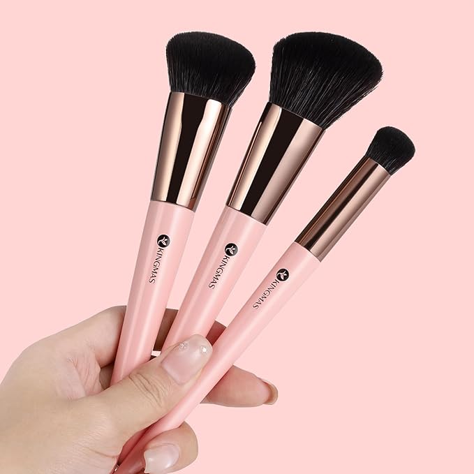 KINGMAS Foundation Makeup Brushes, 3Pcs Kabuki Contour Concealer Makeup Brush Set, Vegan & Cruelty-Free, Synthetic Cosmetic Under Eye & Blusher Face Brush (Pink)