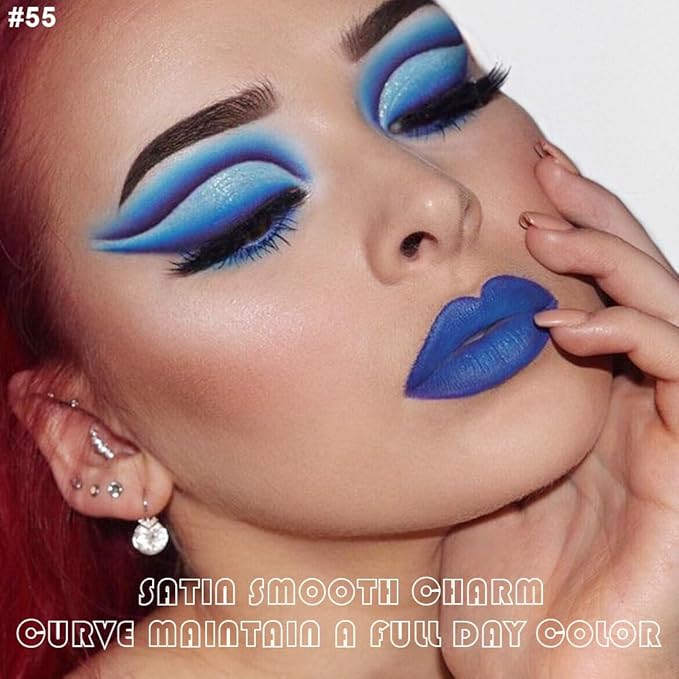 evpct 2Pcs Dark Royal Blue Matte Liquid Lipstick Lip Gloss Stain and Retractable Lip Liner Makeup Set for Women Long Lasting Waterproof 24 Hours Lipstick labial mate larga duracion 24 55#