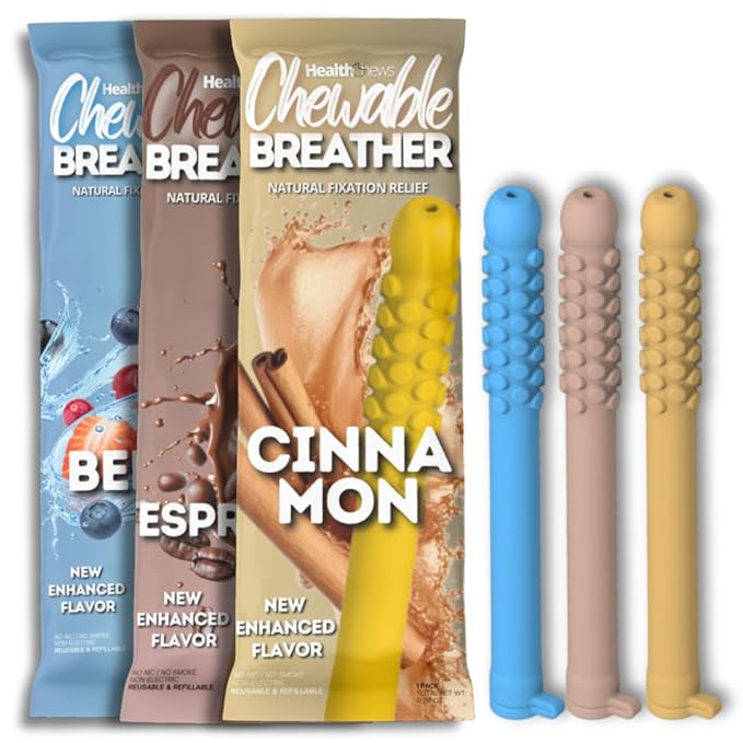 3PCS Flavored Chewable Essential Oil Breath Stick, Flexible, Reusable, Flavor Breather Chew Stick, Chewable Oral Fixation Tool with 6 Refill Cores for Travel/Office/Car