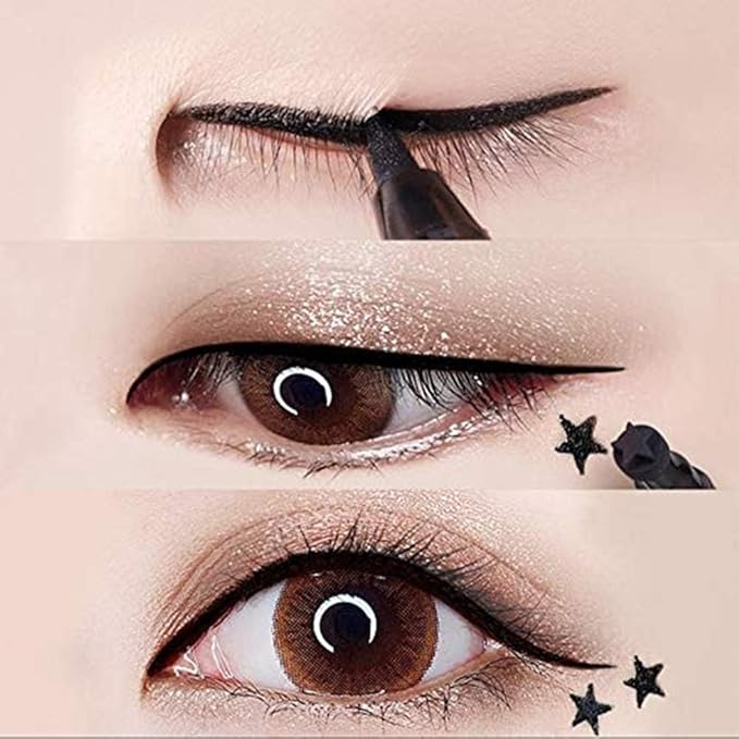 4Pcs Dual-Ended Black Liquid Eyeliners Pack with Face Stamps – Star Moon Flower Heart Stamps for Cosplay & Gothic Makeup,Fine Tip, Smudge-resistant – Beginner-Friendly (4Pcs-Black-set01)