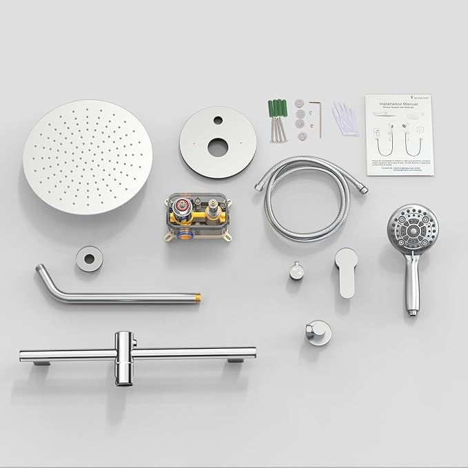 SR SUN RISE 12 Inch Shower System, Slide Bar Shower Faucets Sets Complete Round Shower Heads and 6-Spray Handheld Combo, Wall Mounted Dual Shower Set Included Valve and Trim Kit, Polished Chrome
