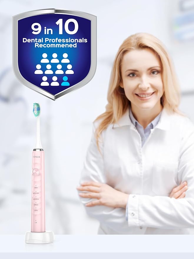 COSLUS C40 Sonic Electric Toothbrush for Adults: 47000 VPM for Deep Cleaning & Whitening with Travel Case - 5 Modes for Sensitive Teeth & Braces, Wireless Charging, 6 Brush Heads, Pink & Green (2PCS)
