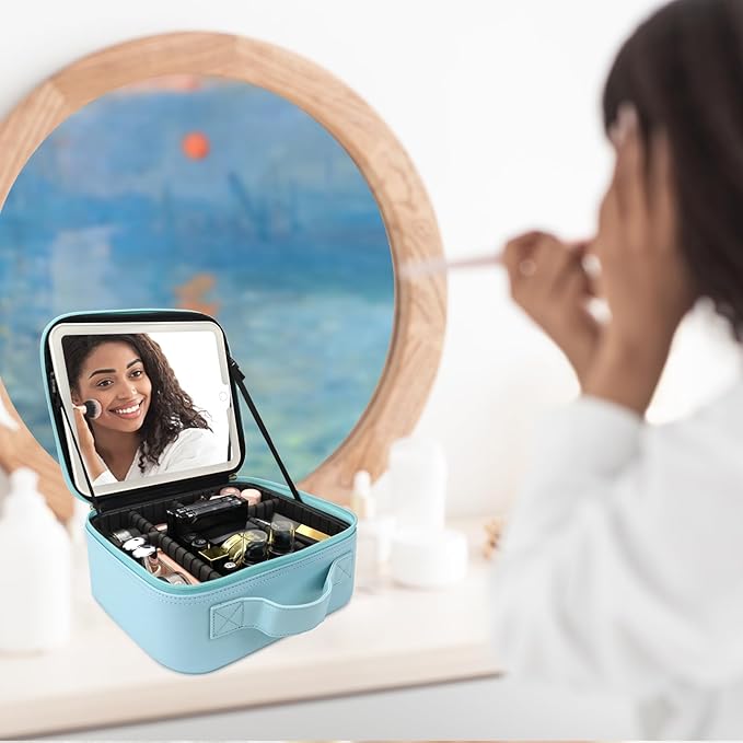 SLUMAZI Travel Makeup Bag with LED Mirror Travel Makeup Organizer with 3 Lighted Settings, Adjustable Dividers and Makeup Brush Storage Bag Light Blue