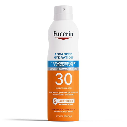 Eucerin Advanced Hydration SPF 30 Sunscreen Spray, Lightweight Sunscreen Lotion Spray, Hypoallergenic, Fragrance Free and Alcohol Free, 6 Oz Spray Bottle
