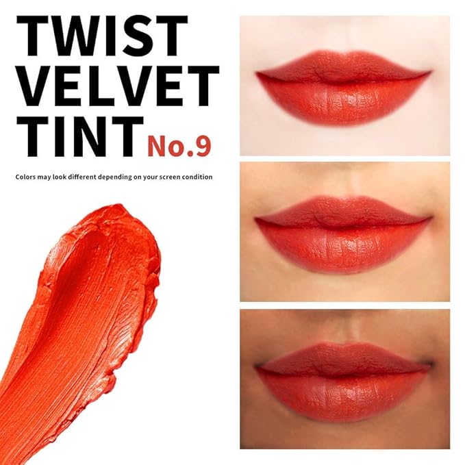 Long Lasting Lip Stain for Lips and Cheek Tint | High Pigment Color | lightweight Matte Finish | Weightless | Full Coverage | Twist Velvet Tint #9 (No.9)