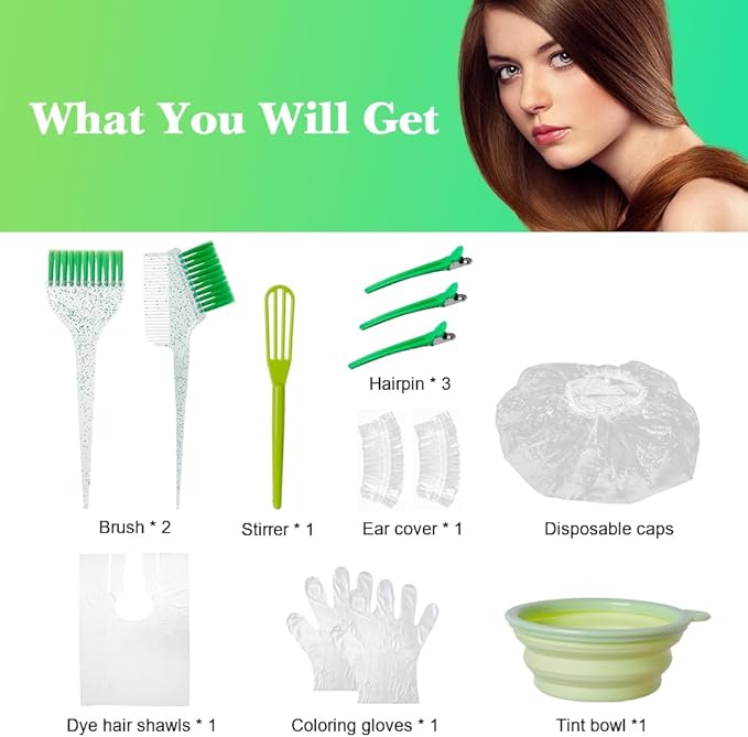 MOONMINI Hair Dye Color Brush and Bowl Set, Color Bowl Brushes Tool Mixing Bowl Kit Tint Comb for Hair Tint Dying Coloring Applicator (Green&Clear)