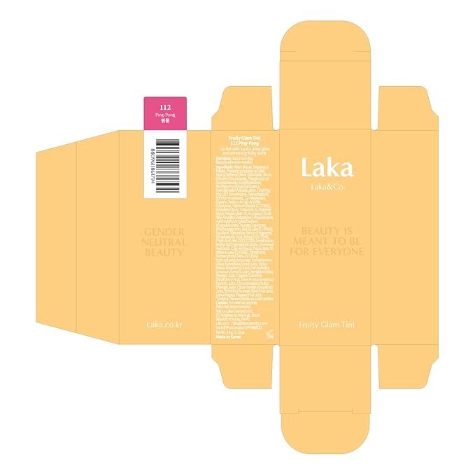 Laka Fruity Glam Tint, 4.5g/0.15oz, Glowing Lip Stain with Wide Color Spectrum, Hydrating & Lightweight Texture, Buildable Color, Non-Sticky, Vegan, K-Beauty (#112 Ping-pong)