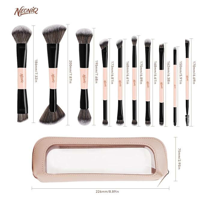 NEONIQ 10 PCS Foundation Contour Conceal Brush Set With Bag, Makeup Brushes, Double-End Multi-functional Brushes for Foundation Powder Blush Eyeliner Eyeshadows, Professional Face Brush Set(Pink)