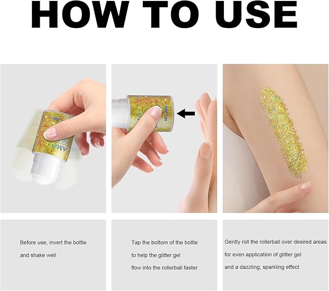 Roll-on Body Glitter Gel Holographic for Face and Hair,Body Glitter Gel Makeup for Kids Women,Body Shimmer Christmas Makeup for Rave Party.(Dazzling Gold)