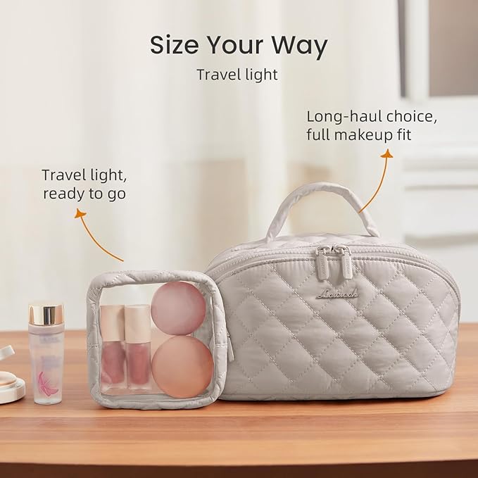 LOVEVOOK Travel Makeup Bag for Women, 2Pcs Puffer Waterproof Cosmetic Organizer, Large Capacity Pouch Open Flat Small Toiletry Bag with Brush Compartment & Handle (Light khaki, Small)