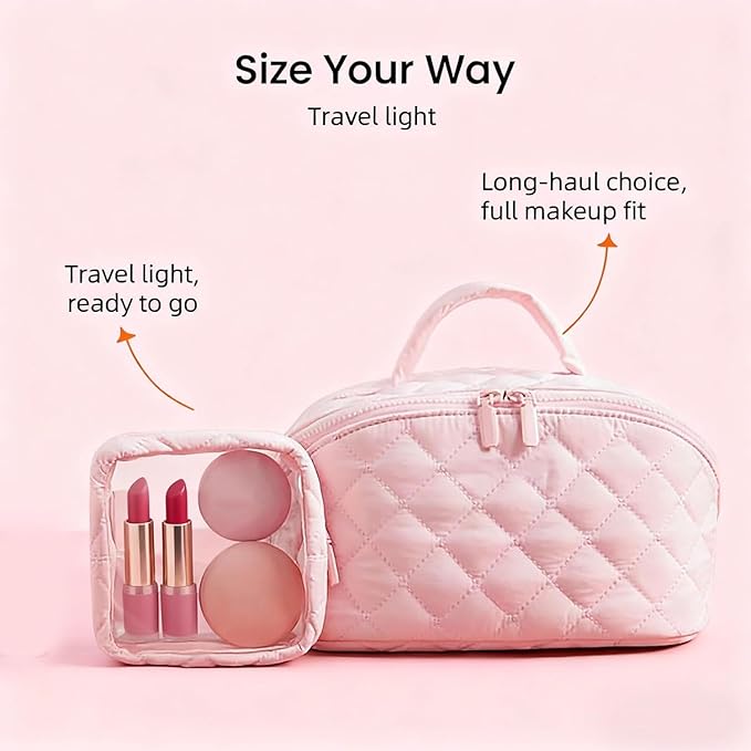 Petition Travel Makeup Bag for Woman,Festivalment Lay Flat Makeup Bag, Wide Open Water-Resistant Cosmetic Case,Puffy Padded Organizer for Toiletries & Brushes Large Capacity with Compartments (Khaki)