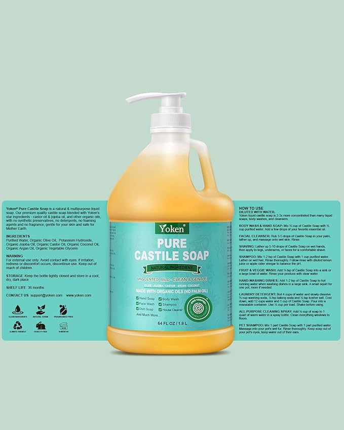 Yoken EWG Verified Organic Castile Soap Liquid (Unscented, 64 oz) Pure Castile Liquid Soap Made With Organic Oil, Clean & Gentle, Natural Castor Oil Soaps for Body & Face Wash, Hands, Dishes, Laundry
