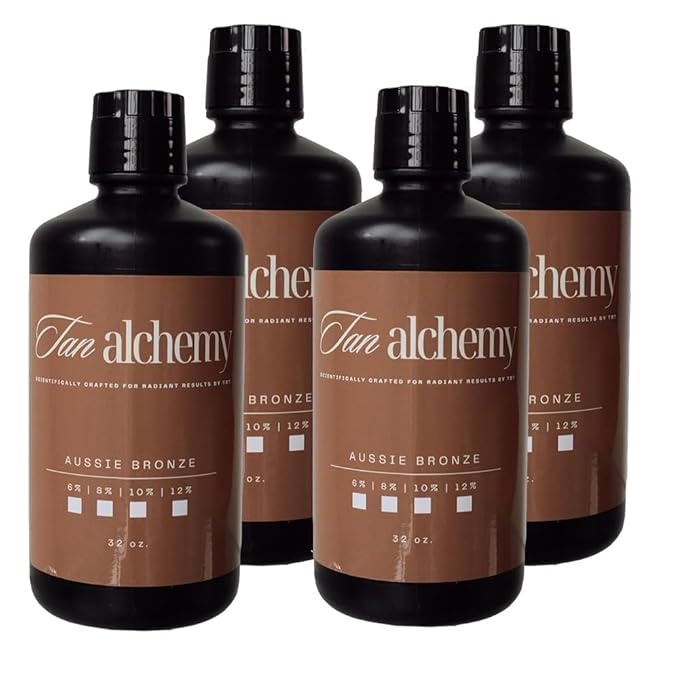 Tampa Bay Tan, Tan Alchemy, Aussie Bronze 4 bottles of 32 oz, 12%, Dark DHA Sunless Airbrush Spray Tanning Solution (1 Gallon)