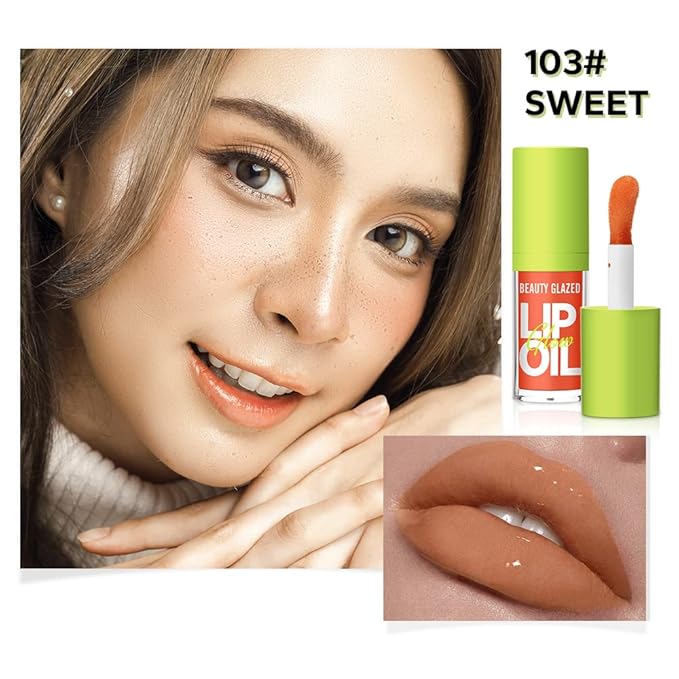 Beauty Glazed Big Brush Head Lip Oil, Ultra-Hydrating & Nourishing, Smooth Glossy Finish Lip Glow Oil, Shiny and Vegan Tinted Lip Gloss, Non-Sticky Formula (1, 103# SWEET)