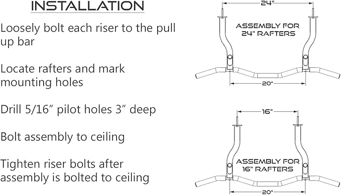 Ceiling Mount Pull Up Bar with Reversible Risers 16 and 24 Inch