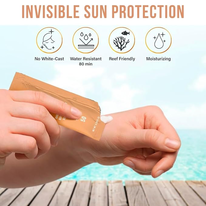 SunsinglesTravel Size Sunscreen, Waterproof/Sweat Proof SPF 50 Protection Fragrance-Free Lotion, PABA-Free Mini Sunscreen For Face, Reef Safe Sunscreen, Single Use Packets 0.34 Fl Oz