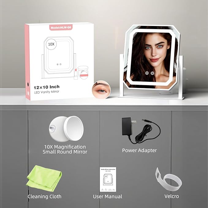 Lighted Makeup Mirror, 3 Colors for Precise Application, Touch Control Brightness Adjustment for Easy Use, with a Detachable 10x Magnifying Mirror, 12" x 10" Hollywood Vanity Mirror for Plug-in Use