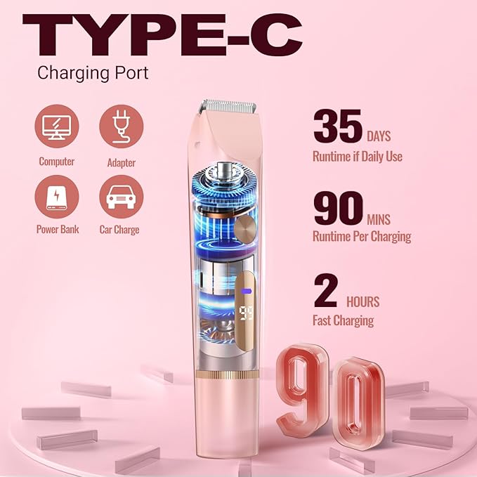 Bikini Trimmer for Women Electric Razors for Women Women's Electric Razor 2 in 1 Shaver Pubic Hair Trimmer Ipx7 Waterproof Wet Dry Use Bikini Shaver for Ladies Pubic, Legs, Face, Underarms (Pink)