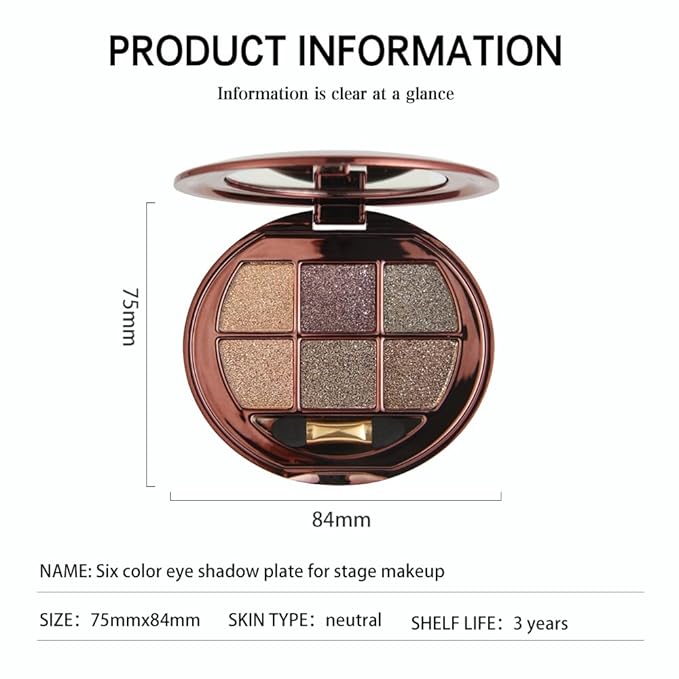 6-Color Shimmer Eyeshadow Palette, High Pigmented Metallic Sparkle Glitter Eye Shadow, Smooth Blendable Long Lasting Glow Finish for Smoky Eye, Glam Makeup, Party, Evening, Night Look, Mature Eyes