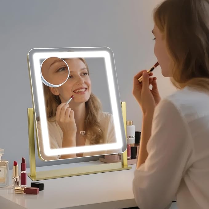 Vanity Mirror with Lights, 12.2"×15" Large LED Makeup Mirror with Light, HD Mirror, Smart Touch with 3-Color Lighting, Dimmable, 360° Rotation, Lighted Up for Vanity Desk Tabletop, Bedroom (Gold)