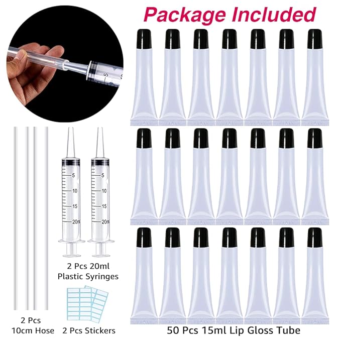 AMORIX 50PCS Lip Gloss Tubes 15ml Black Cap Lip Gloss Containers Empty Lip Balm Tubes Refillable Cosmetic Squeeze Lipgloss Tubes + 2 x 20ml Syringes Tag Labels for DIY Lip Gloss Base Glitter