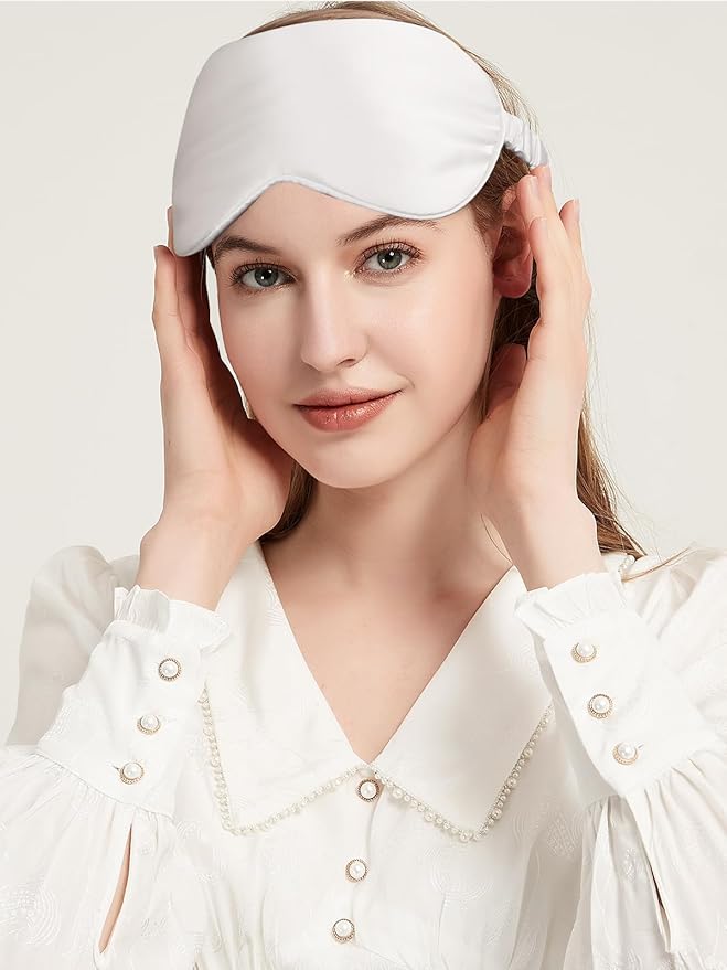 SILKTALE 100% Mulberry Silk Eye Mask for Sleeping with Silk Wrapped Adjustable Strap,Ivory White