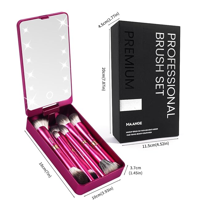 MAANGE Makeup Brushes 12 Pcs Double-ended Kabuki Brush Travel Makeup Brushes for Foundation Powder Concealers Eye Shadows Makeup Tools Set with LED light Mirror (Pink)