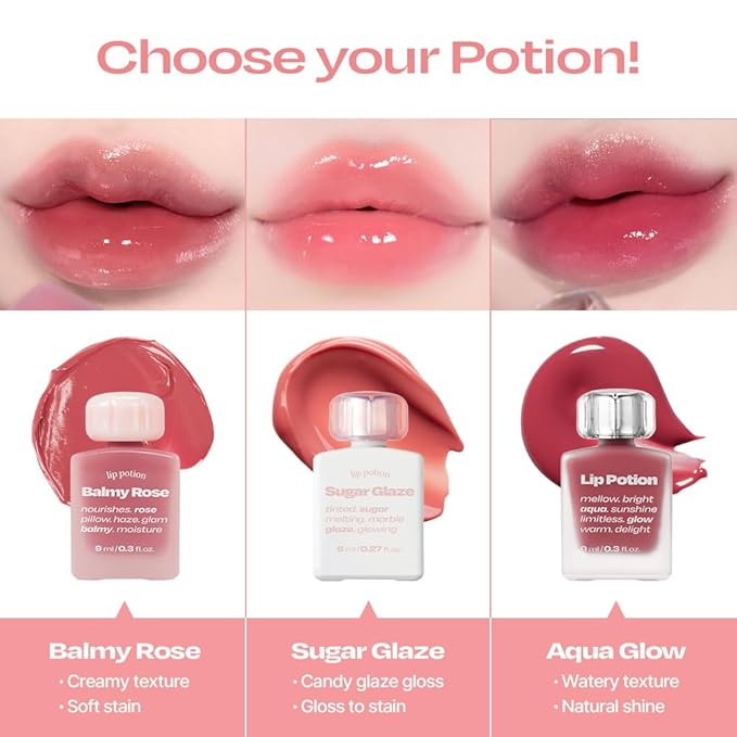 Lip Potion Aqua Glow No.3 Sugar Rose | Hydrating, Non-Sticky Gloss with Sheer Radiance | 0.3 Oz