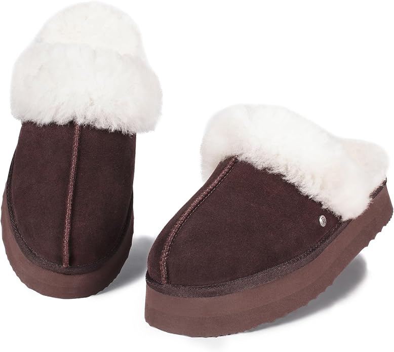 Parfeying Women's Shearling Slippers Genuine Leather with Rubber Sole, Sheepskin Fuzzy Indoor Outdoor Shoes for Home
