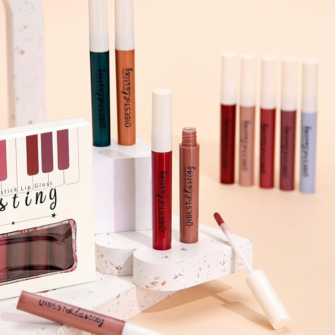 QiBest 12Pcs Matte Liquid Lipstick Set for Girls & Women, 24 Hours Long Lasting Waterproof Nude & Dark Red Lip Gloss Makeup Gift Kits, Velvet Non-Stick Cup Mate Duracion 24 Horas Originales Lip Stains