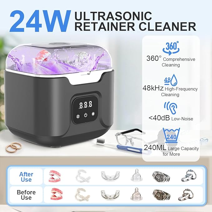 Ultrasonic Retainer Cleaner Machine, 48kHz Ultrasonic Dentures Cleaner with Timer & 4 Modes, 240ML Dental Pod for Mouth Guards, Braces, Aligner, Toothbrush, Jewelry, Makeup tool (Black)