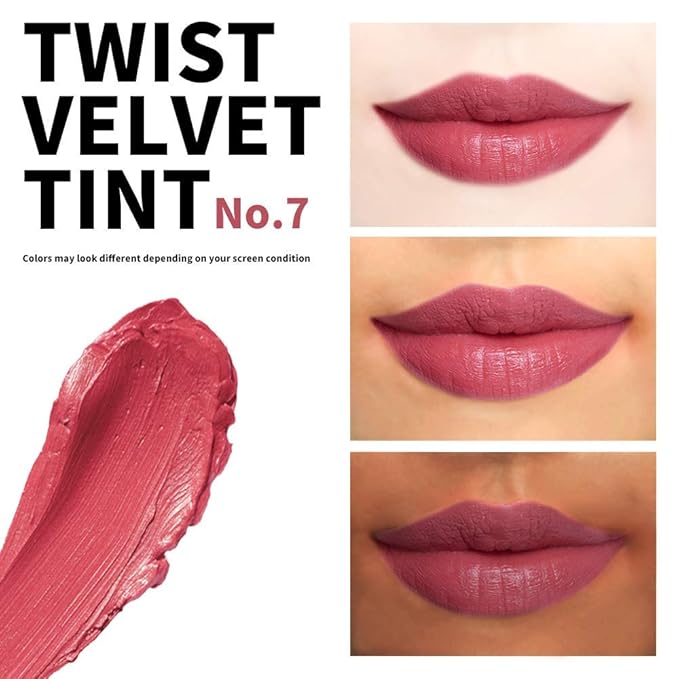 Long Lasting Lip Stain for Lips and Cheek Tint | High Pigment Color | lightweight Matte Finish | Weightless | Full Coverage | Twist Velvet Tint #7 (No.7)