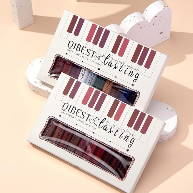 QiBest 12Pcs Matte Liquid Lipstick Set for Girls & Women, 24 Hours Long Lasting Waterproof Nude & Dark Red Lip Gloss Makeup Gift Kits, Velvet Non-Stick Cup Mate Duracion 24 Horas Originales Lip Stains