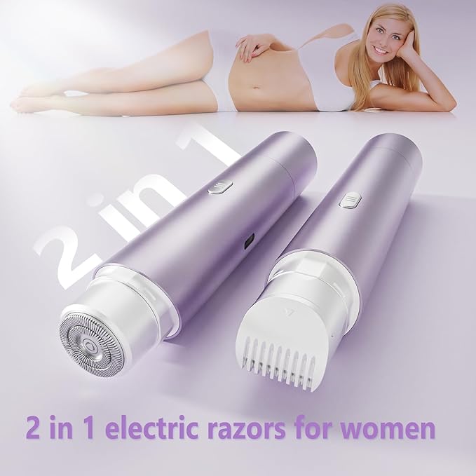 Bikini Trimmer for Women, 2 in 1 Electric Razors for Women Dual Head Body Hair Remover IPX8 Waterproof Painless,Rechargeable Shaver for Face Legs Underarms Pubic Hair,Purple