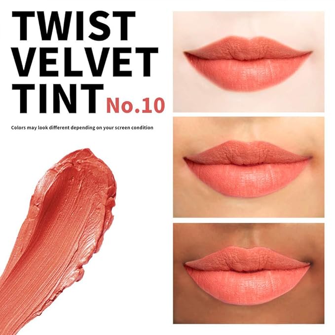 Long Lasting Lip Stain for Lips and Cheek Tint | High Pigment Color | lightweight Matte Finish | Weightless | Full Coverage | Twist Velvet Tint #10 (No.10)