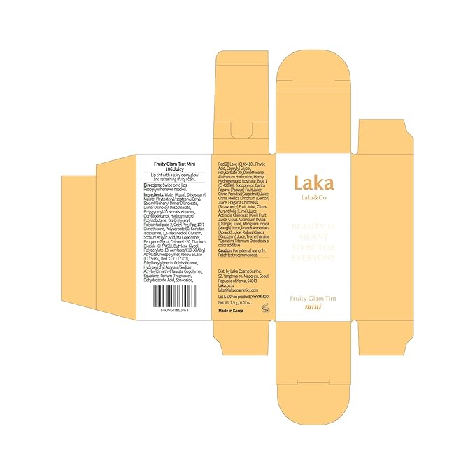 Laka Fruity Glam Lip Tint Mini, 1.9g/0.07oz, Glowing Lip Stain with Wide Color Spectrum, Hydrating & Lightweight Texture, Long-Lasting Bold Stain, Non-Sticky, Vegan, K-Beauty (#106 Juicy)