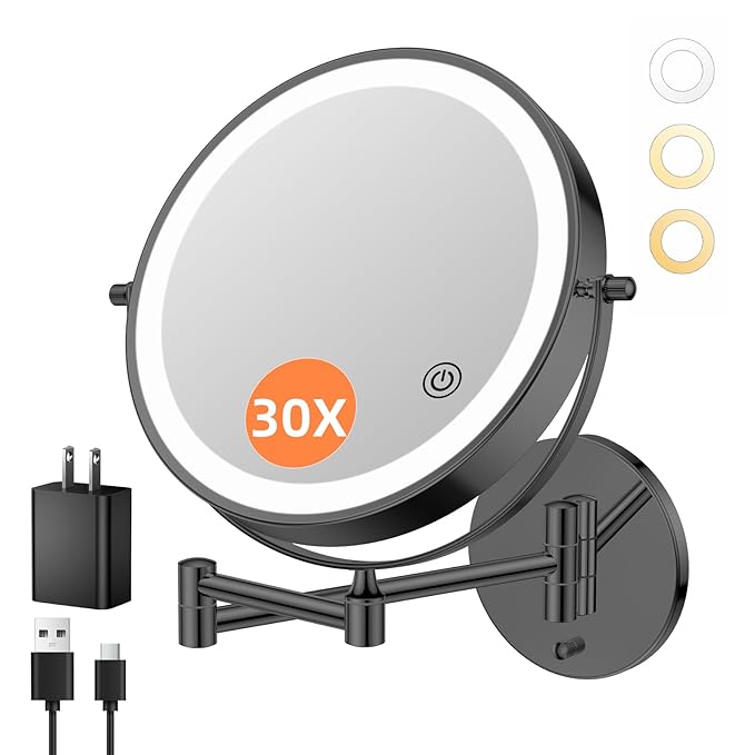 FUNTOUCH 9" 30X/1X Wall Mounted Lighted Makeup Mirror, 5000mAh Rechargeable Double Sided Magnifying Mirror with Adapter, 3 Color Lights,Touch Dimmable, 360 Rotation Extended Arm for Bathroom,Black