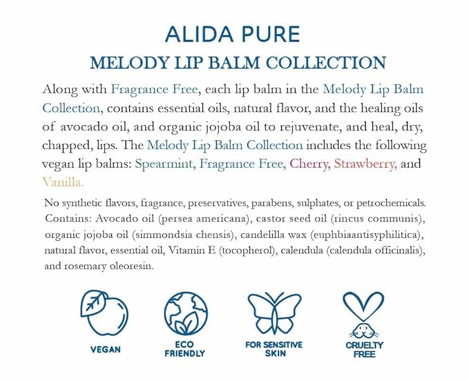 ALIDA PURE Melody Lip Balm Collection, Vegan Set, Beeswax Free, with Organic Jojoba and Avocado Oil, Vitamin E, Natural Moisturizer for Dry, Chapped Lips, 5 Tube Set
