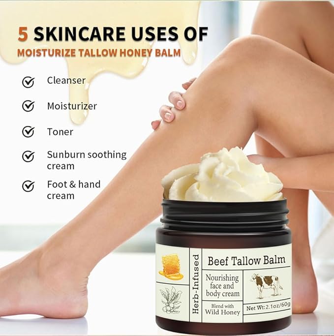 BAISEN DIARY Beef Tallow For Skin – Natural Whipped Tallow and Honey Balm Face Moisturizer, Organic Grass-Fed Tallow, Deeply Nourishing Skin Balm for Face & Body, Moisturizing Cream for Dry Skin