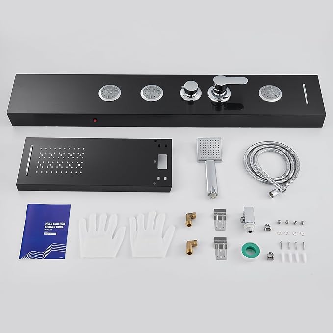 TSIBOMU Multi-Function LED Lights Shower Panel System Black, 5 in 1 Shower Panel Include Rainfall & Waterfall Shower Head, 3 Pcs Adjustable Massage Jets, Handheld Shower, Tub Spout
