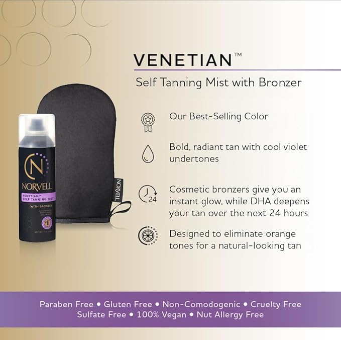 Norvell Venetian Sunless Tanning Bundle: Self Tanner Spray Solution Mist with Bronzer for Instant Sun Kissed Glow, 7 fl. oz. and Streak Free Washable Applicator Blending Tan Mitt for Flawless Results