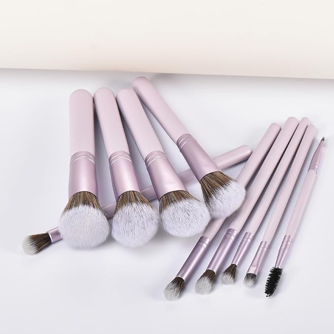 YJ-Anyue 10 Piece Purple Makeup Brushes - Wooden Handle with Soft Synthetic Bristles,for Face & Eye Makeup|Professional Makeup Brushes set for Women & Girls|