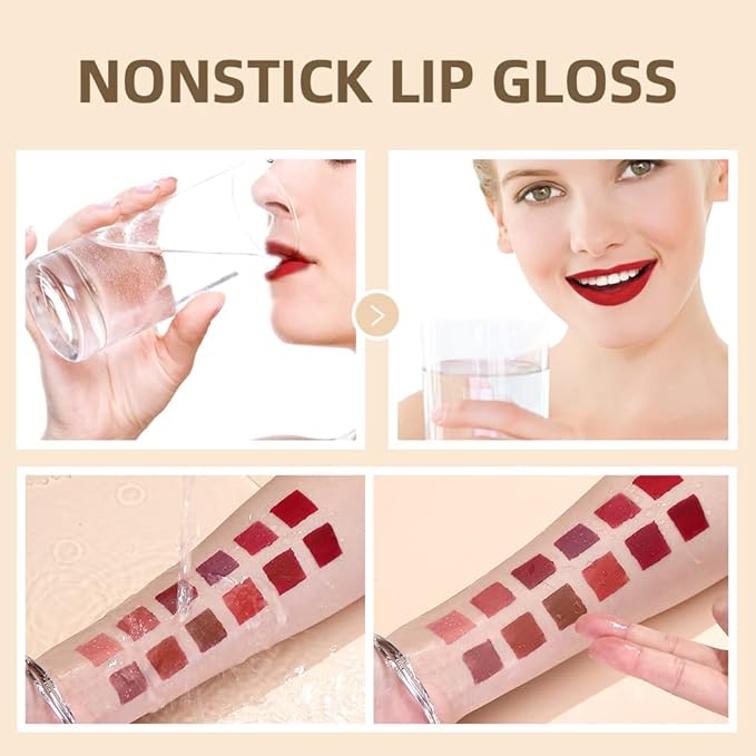 QiBest 12Pcs Velvet Matte Liquid Lipstick Makeup Sets for Women & Teens Gift, Waterproof Long Wear 24 Hours Nudes Burgundy Red Brown Lip Stain Kits, Non-Stick Cup Mate 24 Horas Lip Gloss Holiday Set