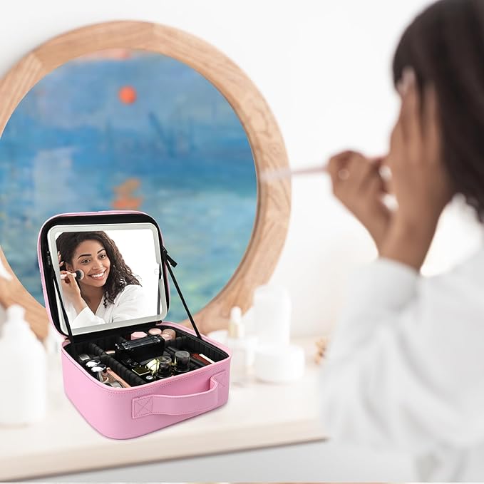 SLUMAZI Travel Makeup Bag with LED Mirror Travel Makeup Organizer with 3 Lighted Settings, Adjustable Dividers and Makeup Brush Storage Bag Light Pink